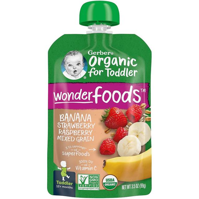 Gerber, økologisk til småbørn, WonderFoods, 12+ måneder, banan, jordbær, hindbær, blandet korn, 3. on Productcaster.