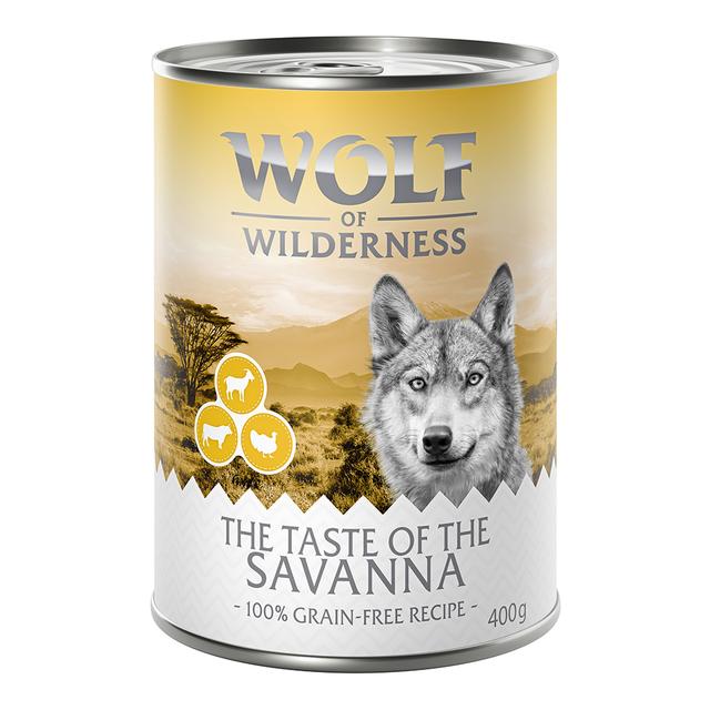 Korzystny pakiet Wolf of Wilderness Adult, 24 x 400 g - The Taste of The Savanna, indyk, wołowina, kozina, w puszce on Productcaster.