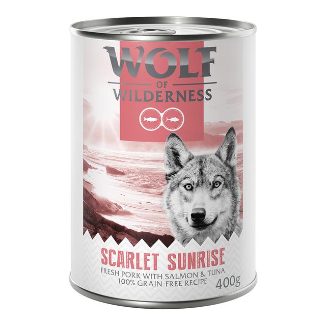 10 + 2 gratis! Wolf of Wilderness "Red Meat", 12 x 400 g - Scarlet Sunrise: Wieprzowina z łososiem i tuńczykiem on Productcaster.