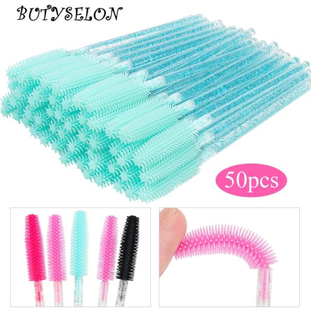 50pcs Disposable Eyelash brushes silicon microbrush Comb crystal Handle Mascara Wands Makeup Tool Eyebrow Lash Extension Brush on Productcaster.