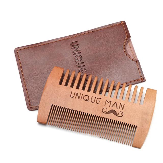 Beard Comb Kit Barba For Men Wooden Comb With PU Leather Case Beard Brush Care Pocket Comb For Beard Men's Hair Comb Peine Barba on Productcaster.