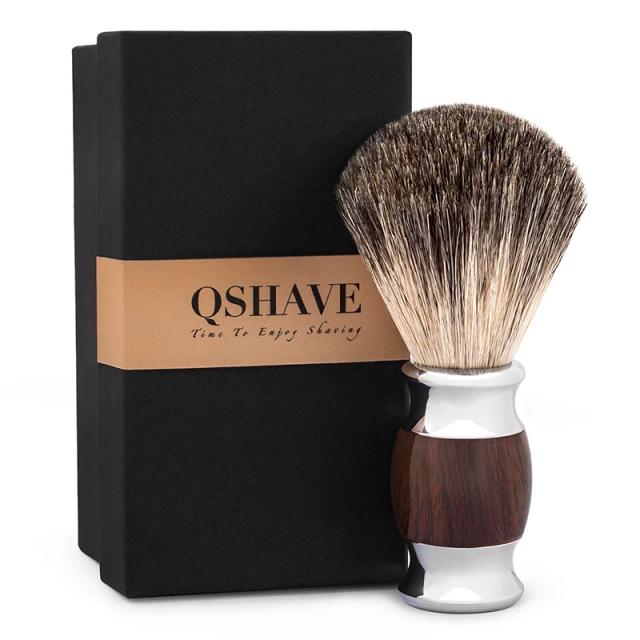 Qshave Man Pure Badger Hair Shaving Brush Wood 100% for Razor Safety Straight Classic Safety Razor 11.5cm x 5.6cm Wood Grain on Productcaster.