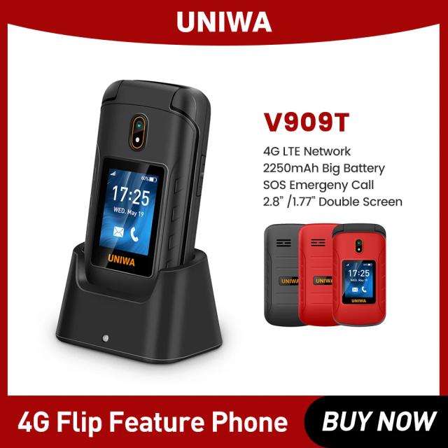 UNIWA V909T 4G Flip Phone FM Radio Russian Hebrew Keyboard Clamshell Phone Big Push-Button Dual Screen Cellphone For Old people on Productcaster.