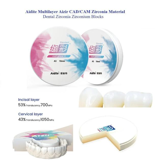 Aidite AiZir 16 Colors Dental Zirconia Zirconium Blocks 98mm Veneer CAD/CAM Aidite AiZir Standard Zirconia Ceramic 900Mpa on Productcaster.