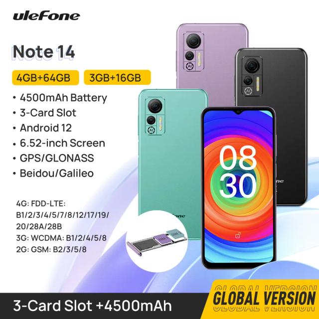 Ulefone Note 14 Smartphone 4500mAh Android 12 6.52-inch 64GB ROM 13MP 4G Celular Phone 3-Card Slots/Face Unlock/OTG Global on Productcaster.