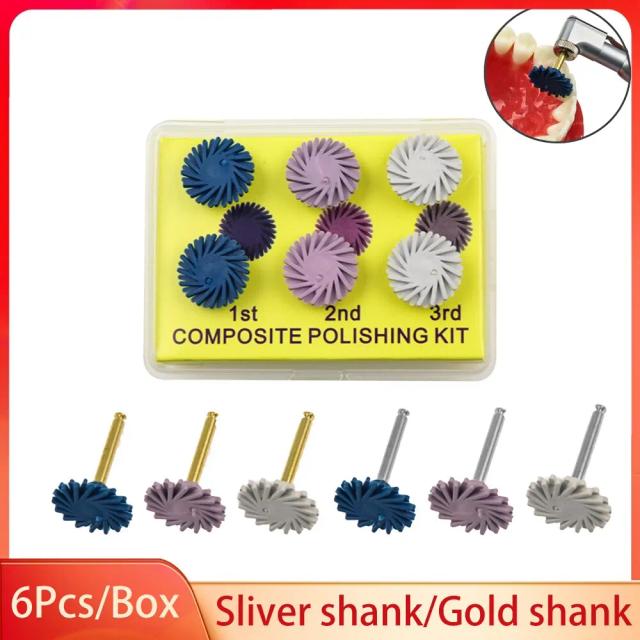 6Pcs/Set Dental Rubber Polisher Composite Resin Diamond System RA Polishing Disc Wheel Kit 14mm Spiral Flex Golden Silver Tool on Productcaster.