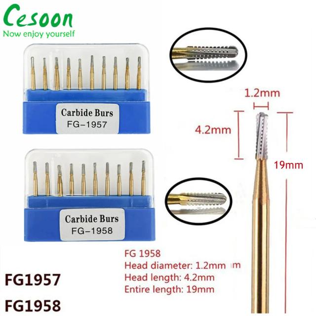 10Pcs/Box Dental Carbide Bur High Speed Tungsten Steel Crown Metal Cutting Burs FG1957/FG1958 Gold-Plated Dentist Lab Materials on Productcaster.