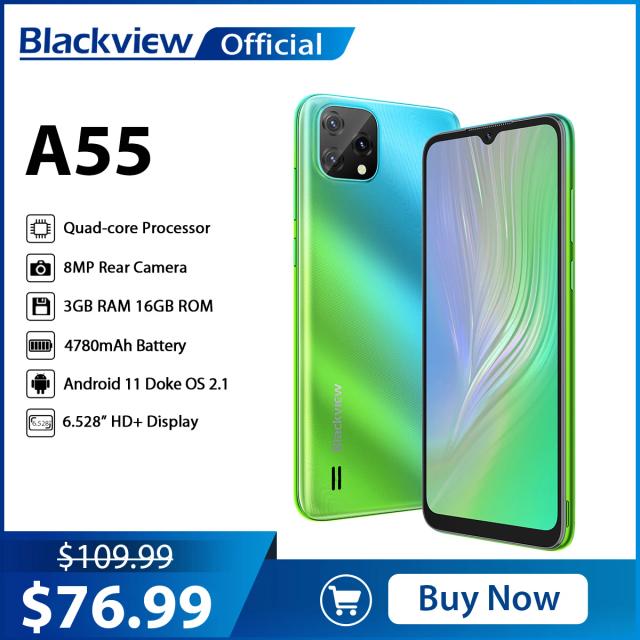 Blackview New A55 Smartphone 3GB 16GB 6.528" HD 4780mAh Quad Core Android11 Mobile Phone MT6761V 5MP+8MP Camera Cell Phone on Productcaster.