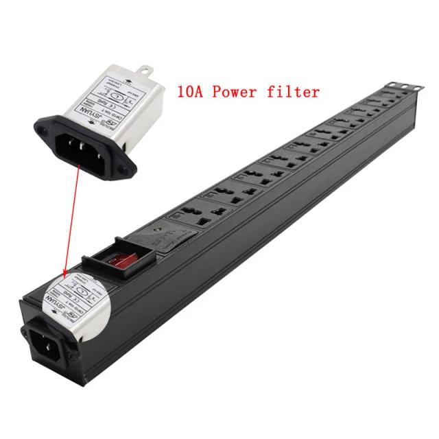 PDU 10 Unit Universal Outlet Power strip Network Cabinet Rack Dual Break Switch wave filter IEC-C14 port lightning protection on Productcaster.