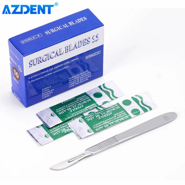 AZDENT 100pcs/Box Dental Surgical Scalpel Sterilized Blades Carbon Steel 10# 11# 15# with 1PC 3# Scalpel Handle Instruments on Productcaster.