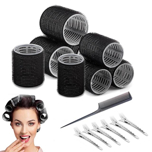 13pcs Black Jumbo Self Grip Hair Rollers with Clips Hair Curlers Heatless Jumbo Hair Bangs Volume Hook & Loop Styling Tools on Productcaster.