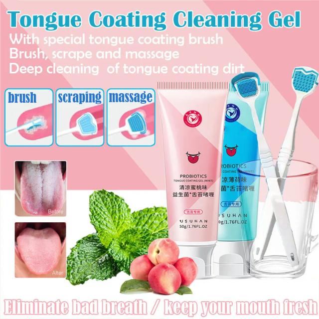 Tongue Cleansing Gel With Silicone Scraper Cleaning Brush Coating Set Mint Freshen Breathremove Bad Breath Scrape Coating Odor on Productcaster.