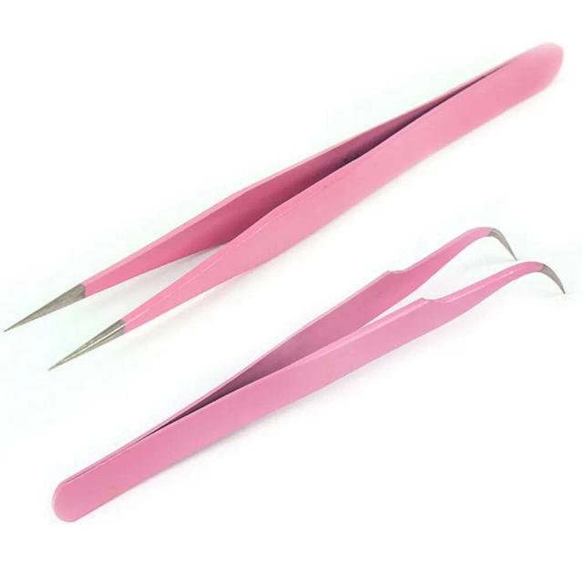 2PCS Straight+Bend Pink High Quality Stainless Steel Grafting Eyelash Tweezers on Productcaster.