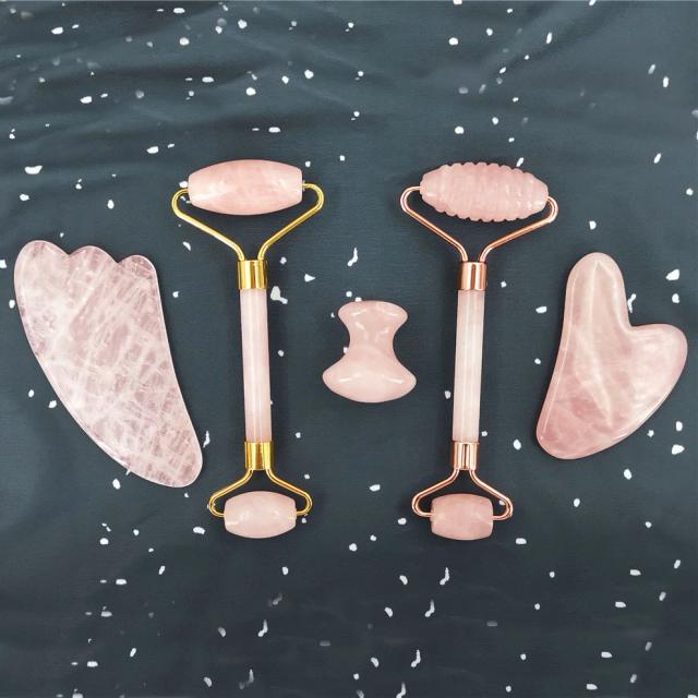 Natural Rose Quartz Jade Roller Set Real Jade Gouache Scraper Jade Massager Gua Sha Board Facial Massager Face Massage Roller on Productcaster.