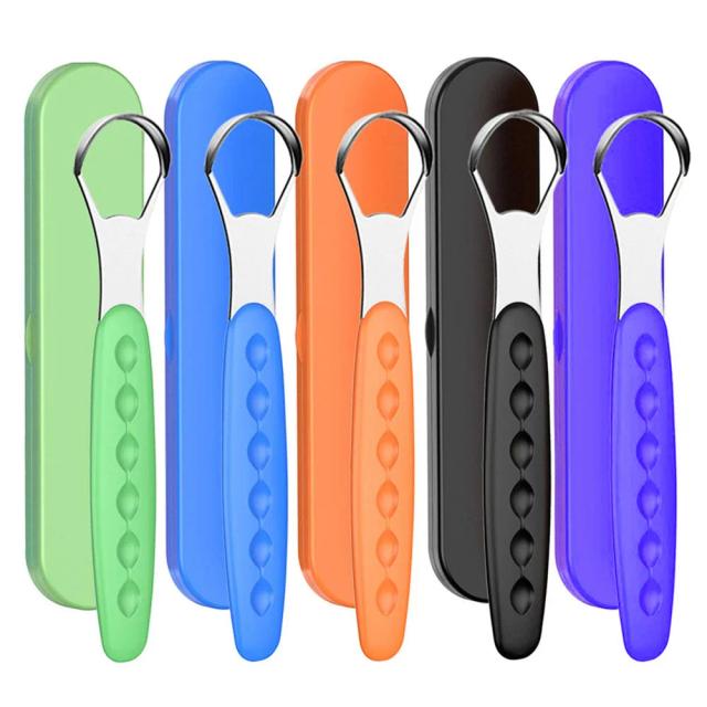 Portable Tongue Cleaner Tongue Scraper Reusable Stainless Steel Oral Mouth Brush Travel Case Black/Blue/Green Non-slip Handle on Productcaster.