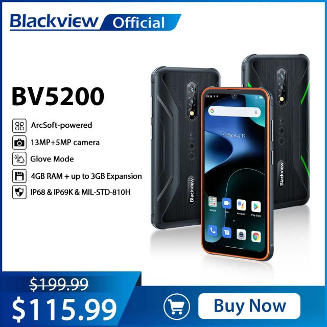 [World Premerie] Blackview BV5200 4G Rugged Phone 4GB 32GB 5180mAh Smartphone Waterproof Android 12 Mobile Phone ArcSoft Cameras on Productcaster.