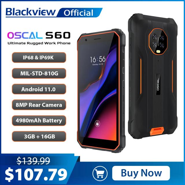 Blackview New Oscal S60 Rugged Smartphone Android 11 IP68 Waterproof Mobile Phone 3GB RAM 4980mAH MTK Phone 5.7inch 4G Celular on Productcaster.