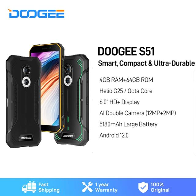 DOOGEE S51 Rugged Phone 4GB +64GB 12MP AI Double Camera 5180mAh Cellphone 6.0" HD Octa Core Phone 8MP Front Camera Android 12.0 on Productcaster.