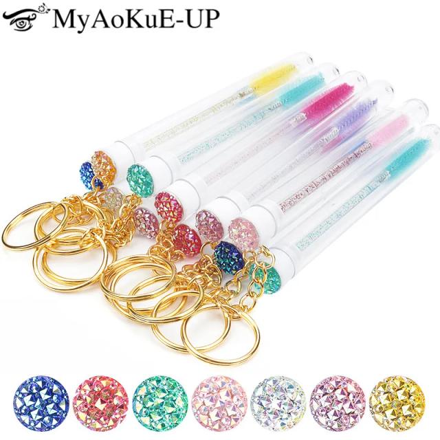 10/5Pcs Tube Eyelash Brush With Gold Keychain Glitter Mascara Wand For Lash Extension Clear Micro Comb Container Makeup Tool on Productcaster.