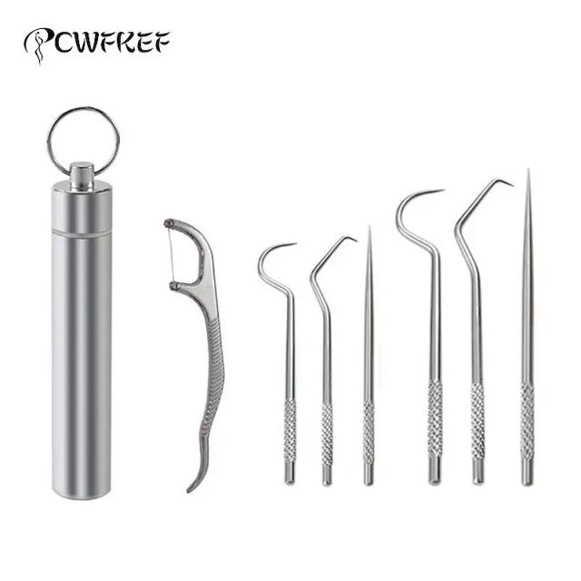 Portable Dental Tool Set Flossing Tooth Picking Tool Metal Stainless Steel Spiral Ear Pick Spoon Kit Oral Hygiene Tartar Removal on Productcaster.