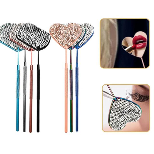 Grafted Eyelash Mirror Stainless Steel Beauty Eyelashes With Diamond Heart Fan Eyelash Inspection Mirror Beauty Tools on Productcaster.