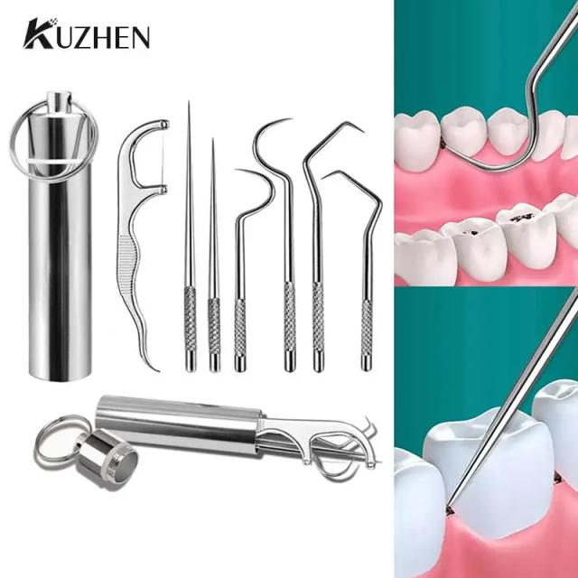 Portable Dental Tool Set Flossing Tooth Picking Tool Metal Stainless Steel Spiral Ear Pick Spoon Kit Oral Hygiene Tartar Removal on Productcaster.