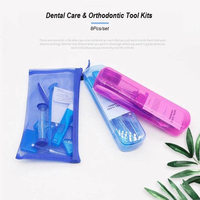 8Pcs/set Travel Case Orthodontic Supply Oral Care Tool Kit Toothbrush Protective Wax Dental Floss Mouth Mirror Interdental Brush on Productcaster.