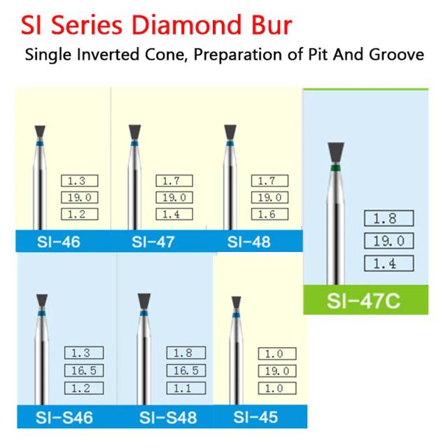 10 PCS Single Inverted Cone Dental Diamond Burs FG 1.6mm Diameter SI-45,SI-46,SI-47,SI-48,SI-S46,SI-S48,SI-47C on Productcaster.