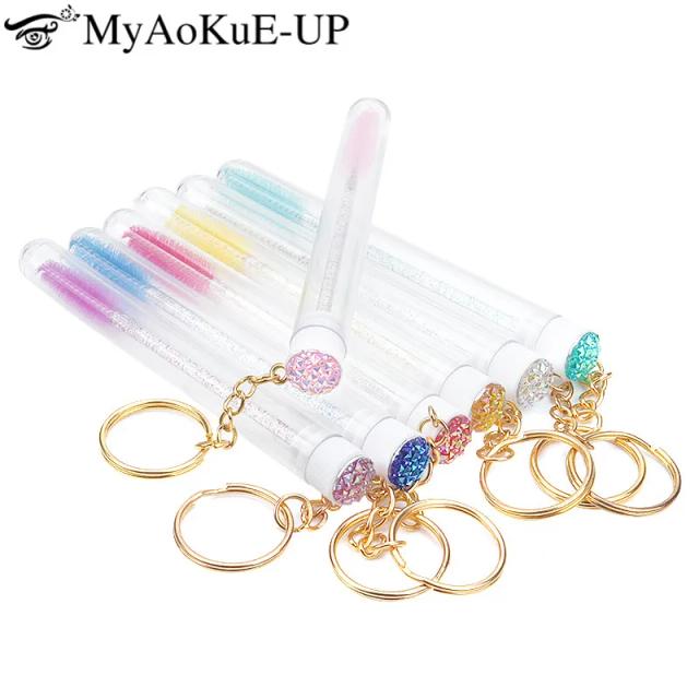 20/50/100pcs Tube Lash Brush With Gold Keychain Rhinestone Mascara Wand Applicator Microbrush For Eyelash Extension Eyebrow Comb on Productcaster.