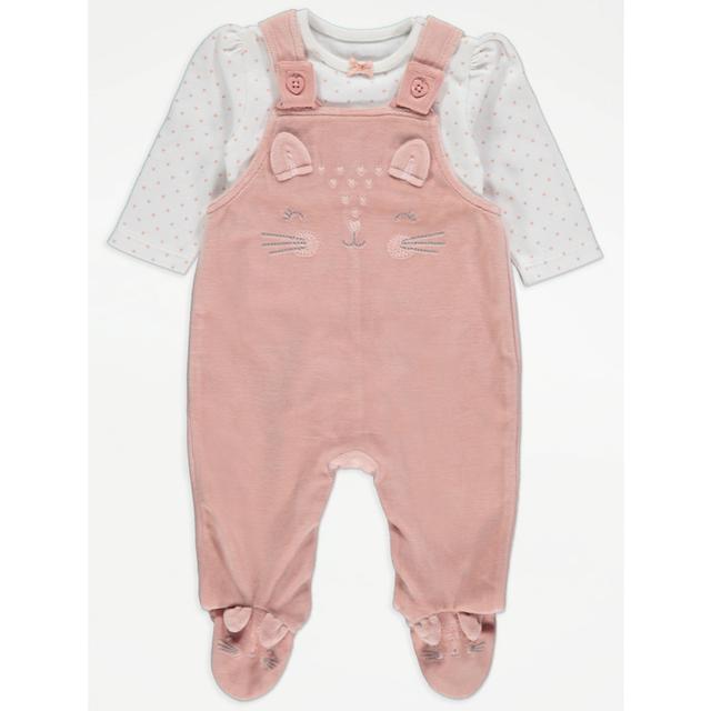 Baby Girls' Pink Cat Dungarees and Bodysuit Outfit on Productcaster.