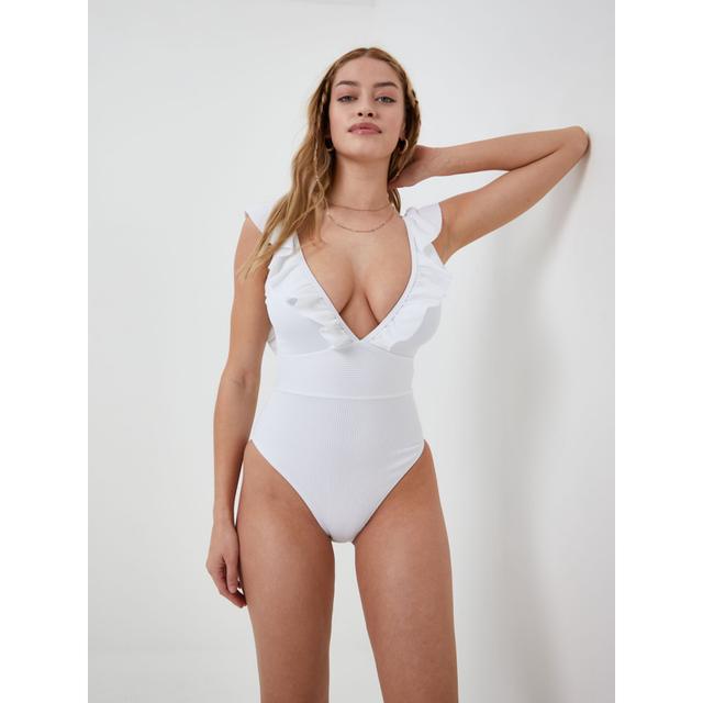 Sale White Frilled V-Neck Swimsuit - 100% Polyester Excluding Trims Contains Recycled Polyester on Productcaster.