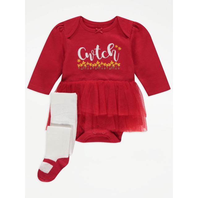 Baby Girls' Red Cwtch Tutu Bodysuit and Tights Outfit - White on Productcaster.