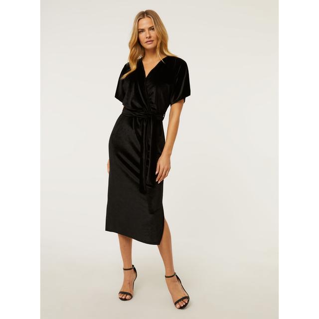 Sale Black Velour Wrap Midi Dress - 92% Polyester 8% Elastane on Productcaster.