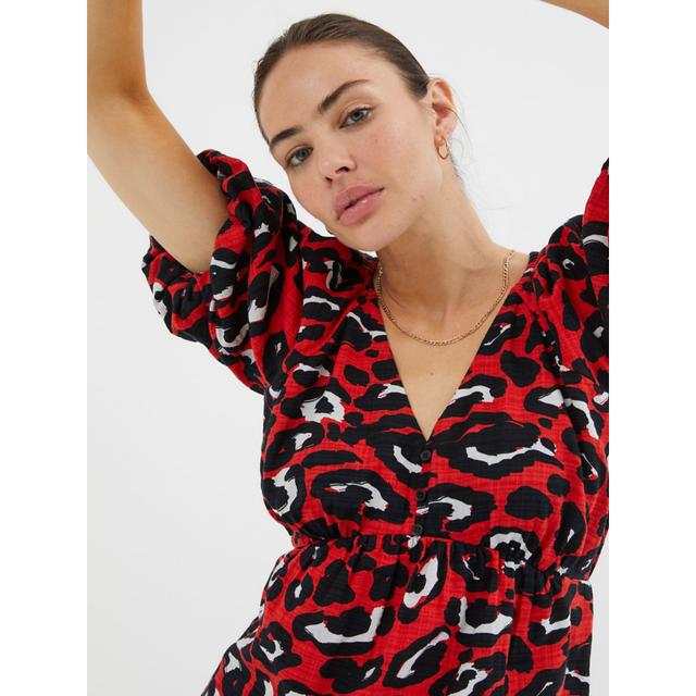 Sale Red Animal Print Puff Sleeve Blouse - Multi - 70% Cotton 30% Viscose on Productcaster.