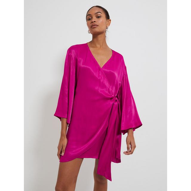 Sale Bright Pink Satin Wrap Front Mini Dress - 100% Viscose on Productcaster.