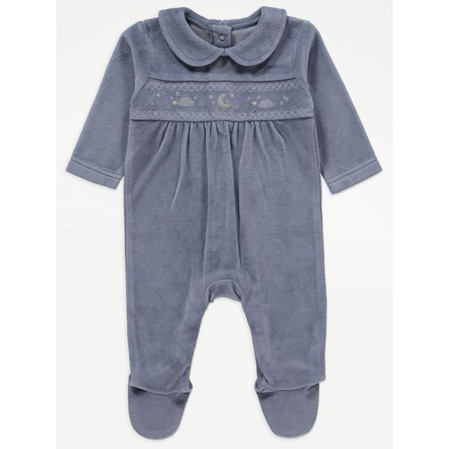 Baby Boys' Blue Ribbed Velour Collared Sleepsuit on Productcaster.