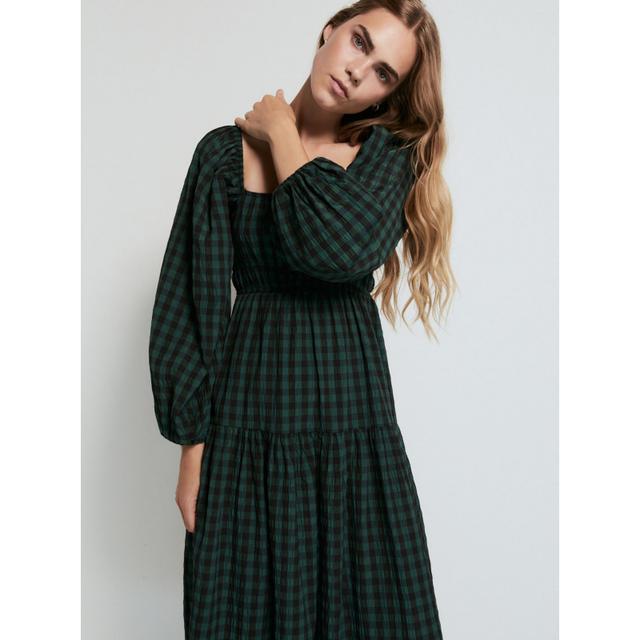 Sale Green Checked Shirred Waist Midi Dress - Multi - 63% Polyester 36% Cotton 1% Elastane on Productcaster.