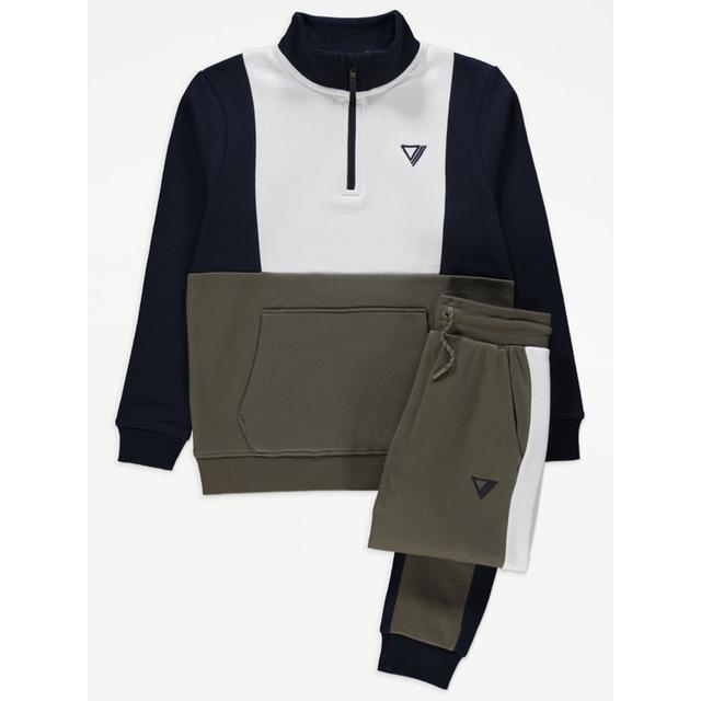 Kids' Colour Block Zip Neck Sweatshirt and Joggers Outfit - Khaki on Productcaster.