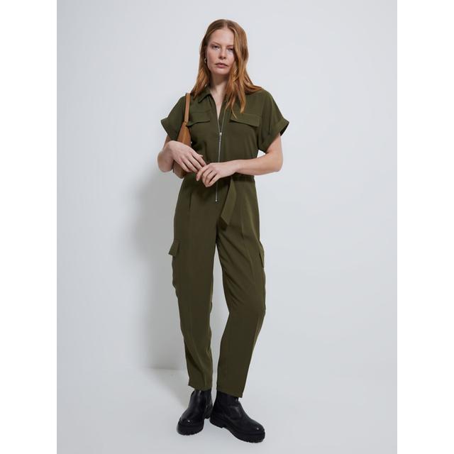 Khaki Zip Front Cargo Jumpsuit - 100% Polyester on Productcaster.