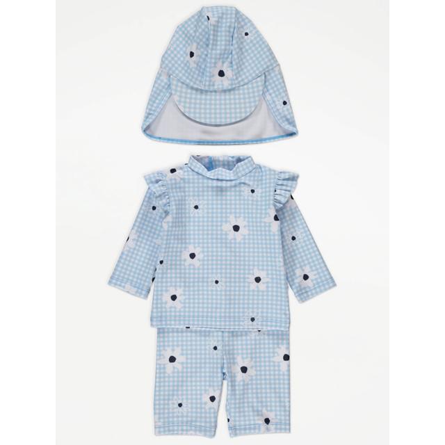 Baby Girls' Blue Gingham Daisy Sunsafe Swim Top Shorts and Keppi Hat Set on Productcaster.