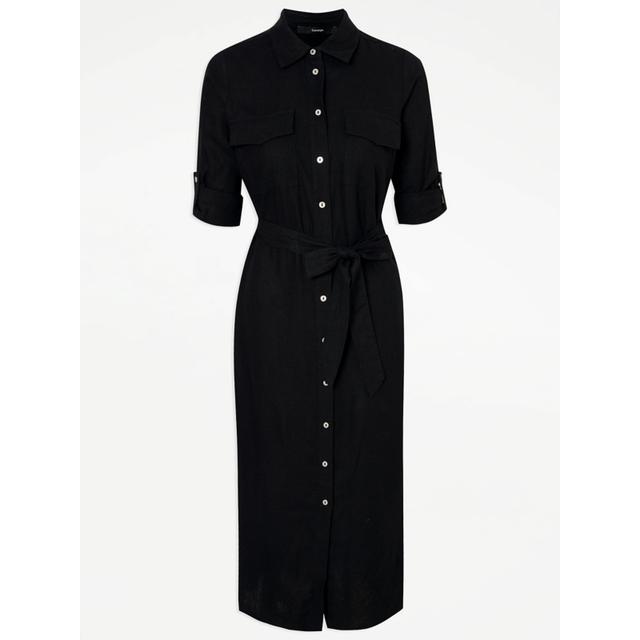 Black Linen Blend Utility Belted Midi Shirt Dress - 55% Linen 45% Viscose on Productcaster.