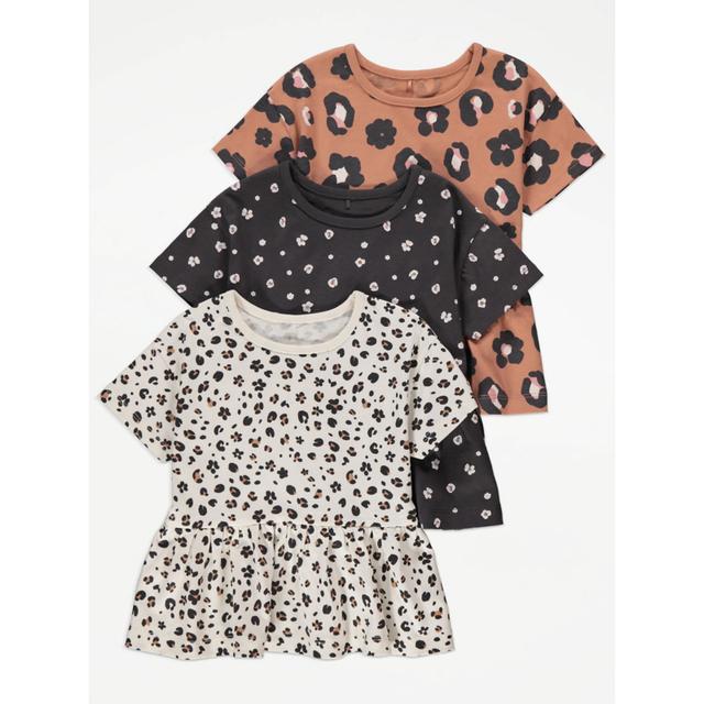 Girl's Charcoal Floral Animal Print Peplum T-Shirts 3 Pack Size - 5-6 Yrs on Productcaster.