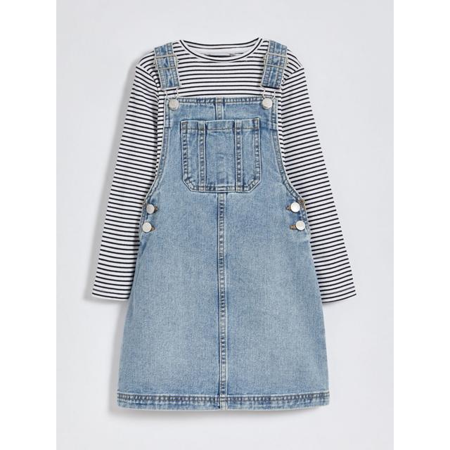 Kids' Striped Long Sleeve Top and Denim Pinafore Outfit - Navy on Productcaster.