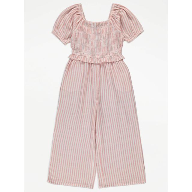 Kids' Pink Stripe Shirred Puff Sleeve Wide Leg Jumpsuit - Rust on Productcaster.