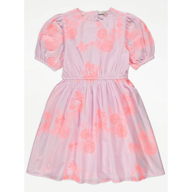 Kids' Fluro Pink Embroidered Flower Puff Sleeve Dress on Productcaster.