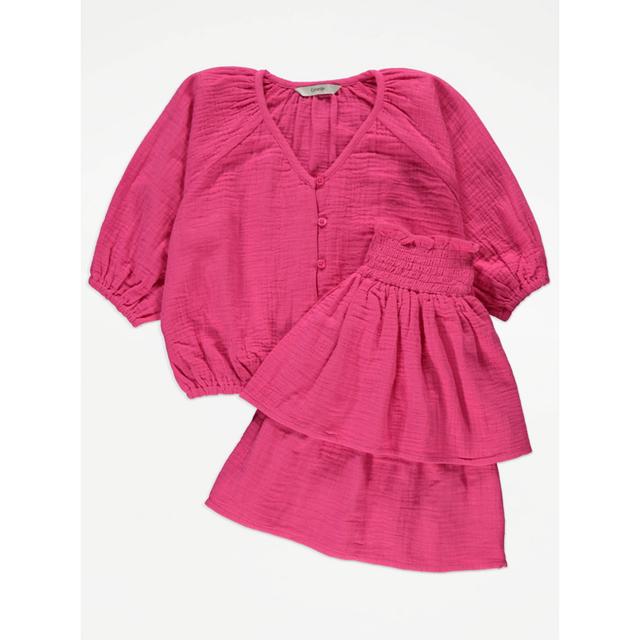 Kids' Bright Pink Double Cloth Blouse and Skirt Outfit on Productcaster.