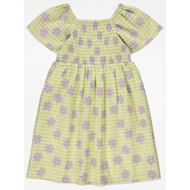 Kids' Lime Gingham Check Floral Shirred Dress on Productcaster.