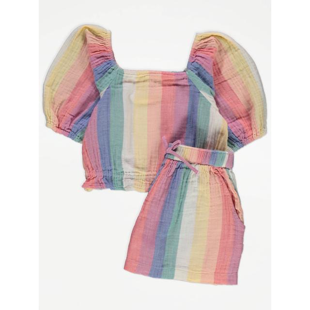 Kids' Rainbow Stripe Puff Sleeve Top and Shorts Outfit - Multi on Productcaster.