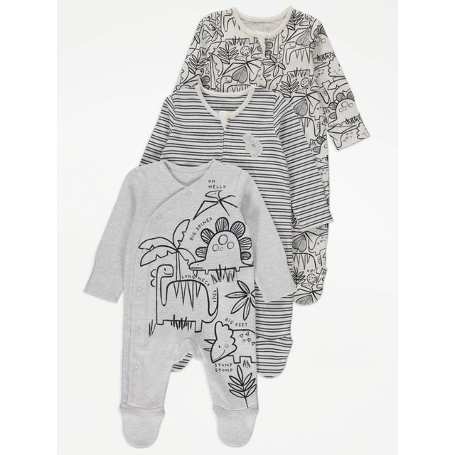 Baby Boys' Cream Stripe Dinosaur Sleepsuit 3 Pack - Black on Productcaster.