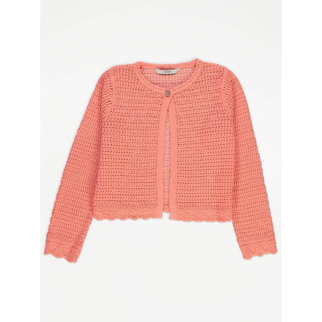 Kids' Coral Crochet Scalloped Edge Single Button Cardigan - Orange on Productcaster.